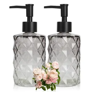 2-Pack 12oz Compact Gradient Black Glass Refillable Pump Dispensers - Bathroom Home Supplies for Hand Soap, Kitchen Sink Use (Shampoo Holder, Soap Dispenser Containers, Bottle-Shaped Design), Shampoo Dispenser