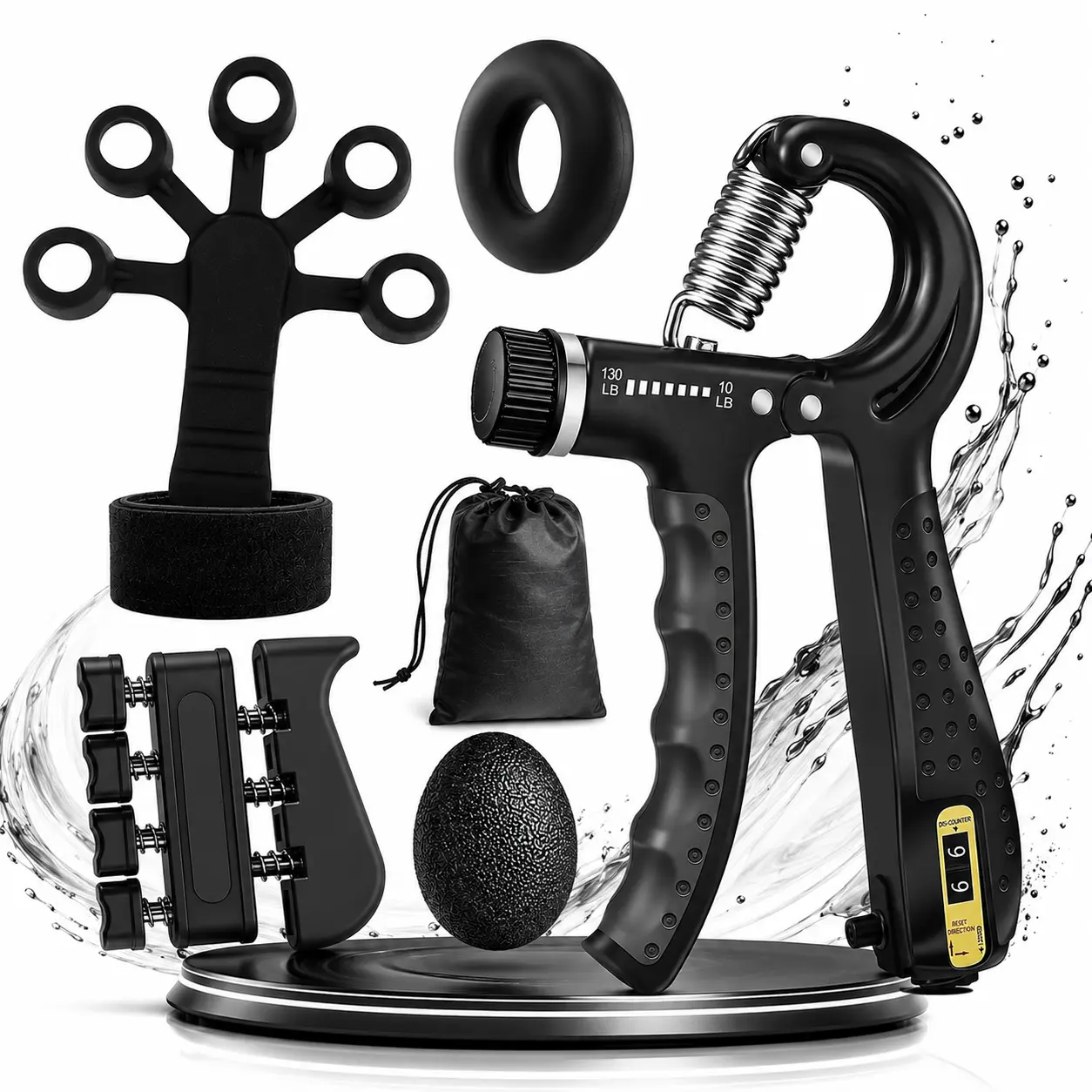 Men's Fashion Hand Strengthening Grip Kit - 10-Piece 2-Pack Shareable Set with Adjustable 10-130 lbs Forearm Grippers, Contoured Palm Ergonomic Finger Stretchers, Auto Counter Stress Balls for Therapy, Resistance Squeezing, Rubber Steel Components, Resist