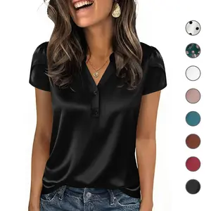 Yousify Women Satin Blouse for Women Business Work Tops Casual Cap Sleeve V Neck Button Down Shirts