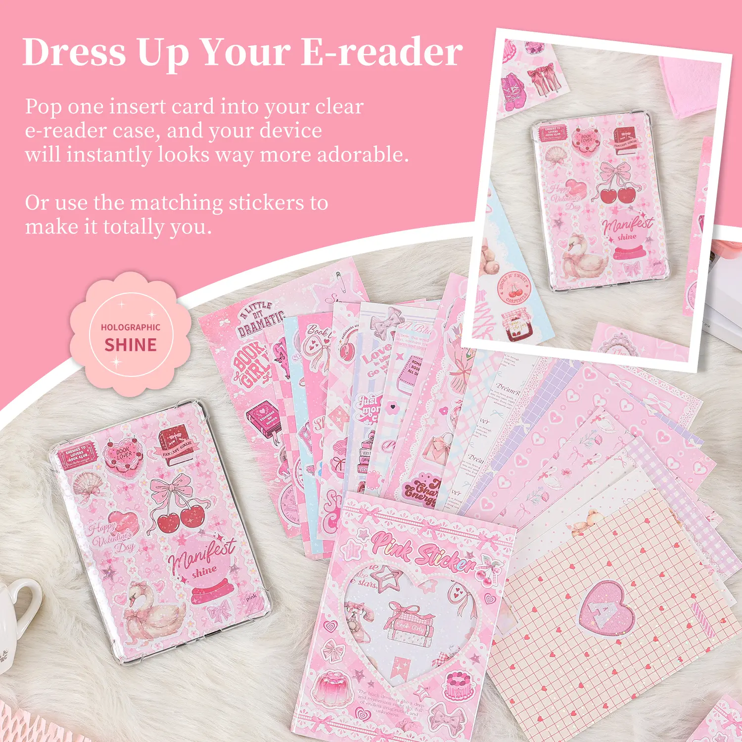 20PCS Inserts Cardstock Paper for E-Reader, and 10PCS Scrapbook Stickers for Clear Case, 6.9"x4.8" Funny Theme E-Reader Back Cover Insert Decorating Accessories for Paper White 11th-12th