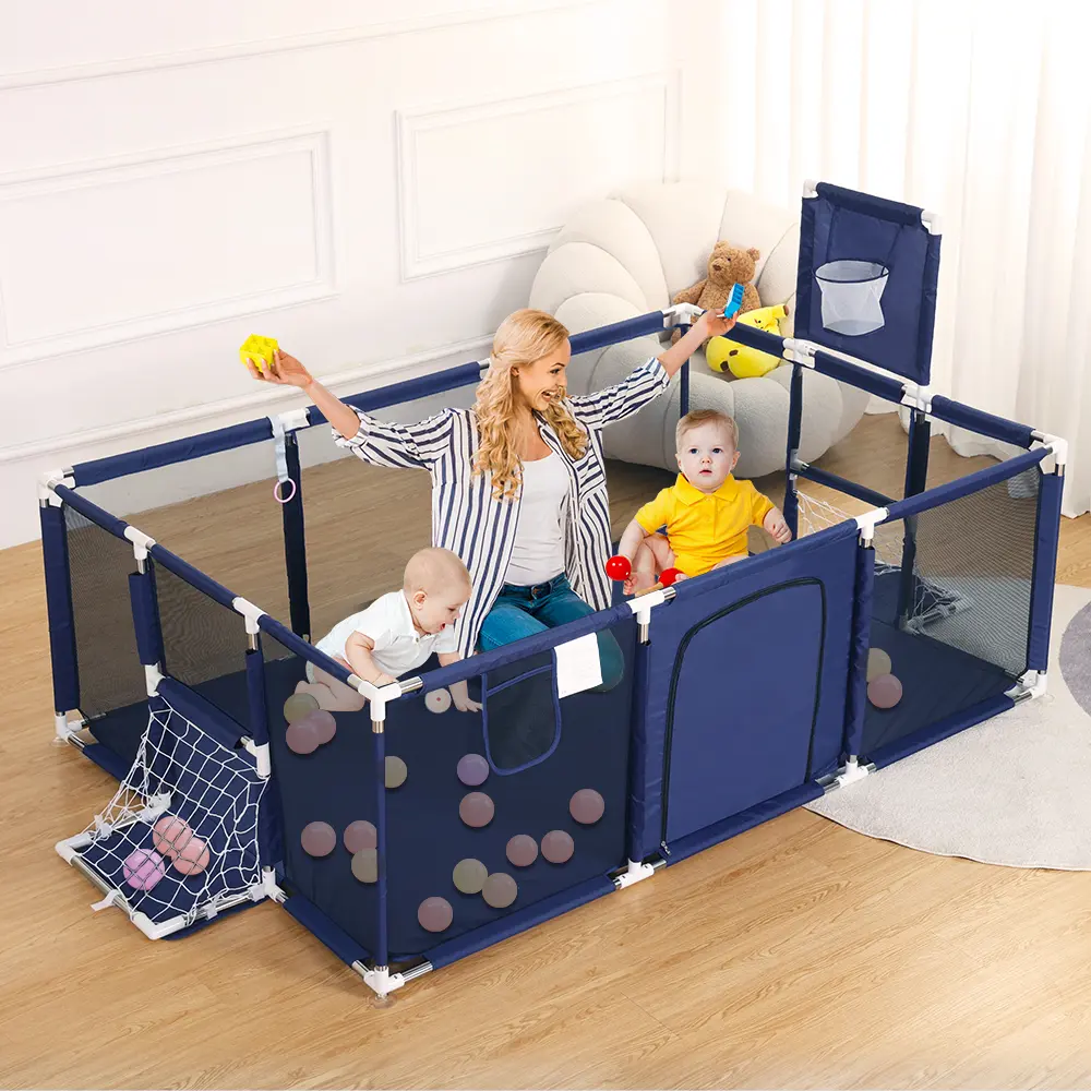 CAVEEN Baby Playpen 71.6x47.96x25.2 Inch, Safe Play Space with Basketball Hoop, Play Pens for Babies and Toddlers Baby Fence Play Yards for Indoor & Outdoor with Breathable Mesh Anti-Fall, - Easy Storage Toddler Fence for Activity & Nap, Blue, Summervibes