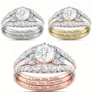 Zircon 3-Piece Couple Ring Set – "I Love You Every Day" Engraved Jewelry for Daily Wear, Anniversary, or Birthday Gift