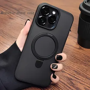 Magnetic Attraction Bracket Shockproof Wireless Charging Phone Case with Ring Holder, Hard PC Phone Protector, Phone Accessories for iPhone 11-15 Pro Max Series