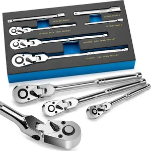 6-Piece Flex Head Ratchet Set Chrome Vanadium Steel 1/4 3/8 1/2" Drive with Extension Bars 72 Tooth 180° Adjustable Quick-Release Professional Swivel Head Ratchet Wrench Gift Set for Tight Spaces and Easy Reach BlackFriday Christmas Gift