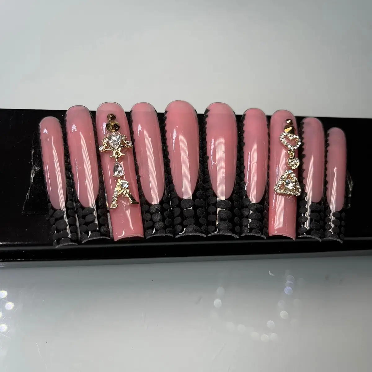XXL NAILS Black French ( Croc design + charms + French )