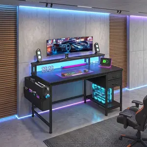 40 Inch Black Computer Standing Desk with LED Strip, Monitor Stand, Built-in Power Outlets, 2 Drawers and Hanging Storage Bag, Gaming Workstation Desk for Bedroom Gaming Room Home Use
