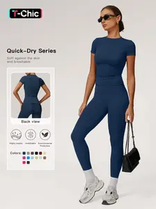 Women's Solid Color Top & High Waist Leggings Sports Set, Casual Comfy Breathable Two-piece Workout Running Outfits for Yoga Gym Workout, Ladies Sportswear for All Seasons Workout Running Clothes, Fitness Wear