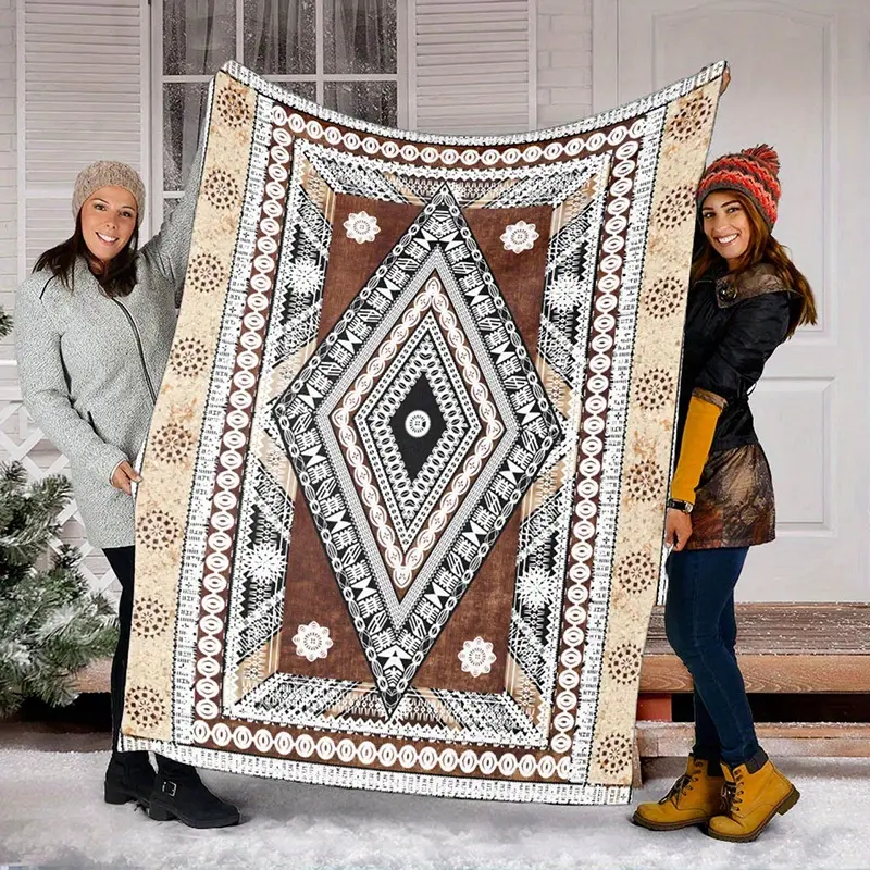 Bohemian Floral Geometric Print Quilted Flannel Throw Blanket - All-Season Soft Warmth, Mixed Colors Retro Design for Bed, Couch & Home Decor, Bohemian Bedroom Decor, Intricate Pattern Craftsmanship