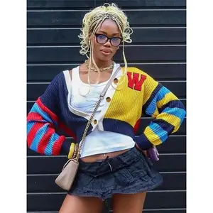 Women's patch striped printed button open front cardigan, autumn and winter casual off shoulder long sleeved V-neck knit sweater, fashionable women's knit sweater for daily wear