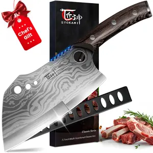 #Summervibes SYOKAMI 7.7 Inch Meat Cleaver Chef Knife with Sheath, Multifunction Butcher Knife with Herb Stripper, Chopping Knife Heavy Duty Bone Cutting, Damascus Pattern Full Tang Wood Handle, Christmas, Mother's Day Gifts