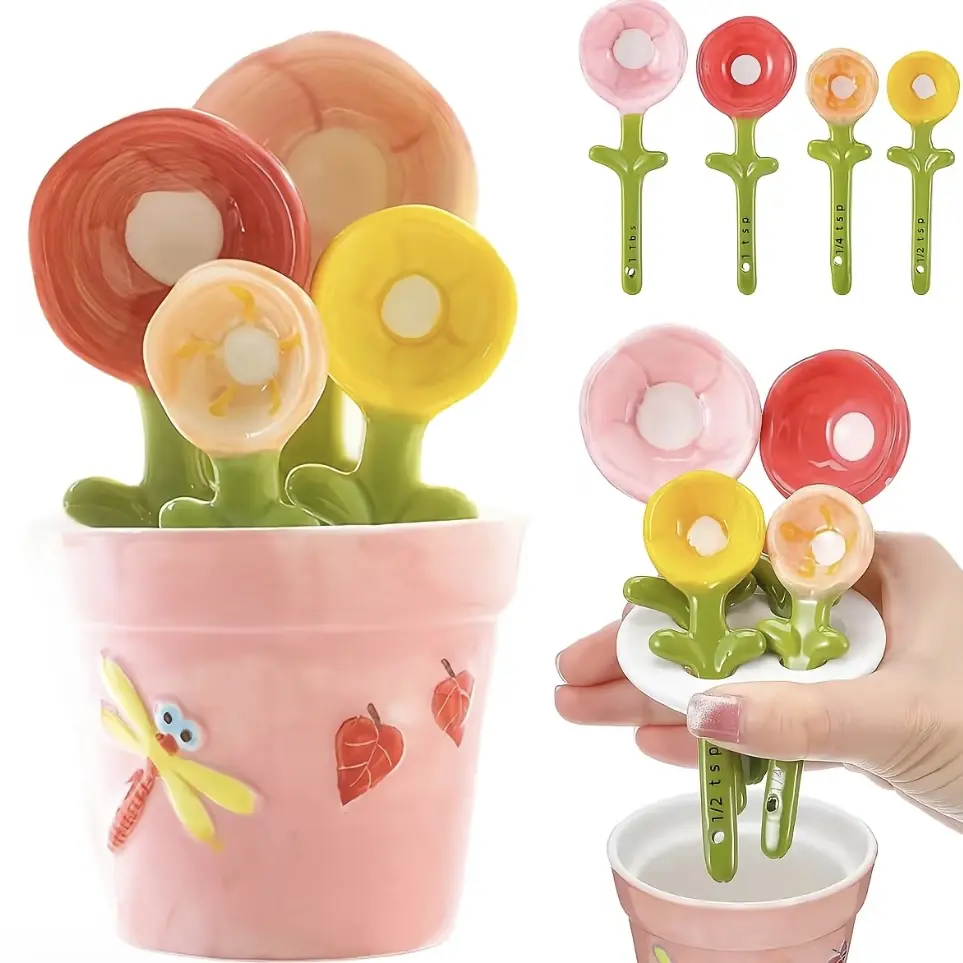 Ceramic Measuring Spoons Set with Holder - 4 Flower-Shaped Kitchen Utensils, Decorative Pot, 1 Tbsp to 1/4 Tsp for Baking, Coffee, Tea, Cute Kitchen Gift