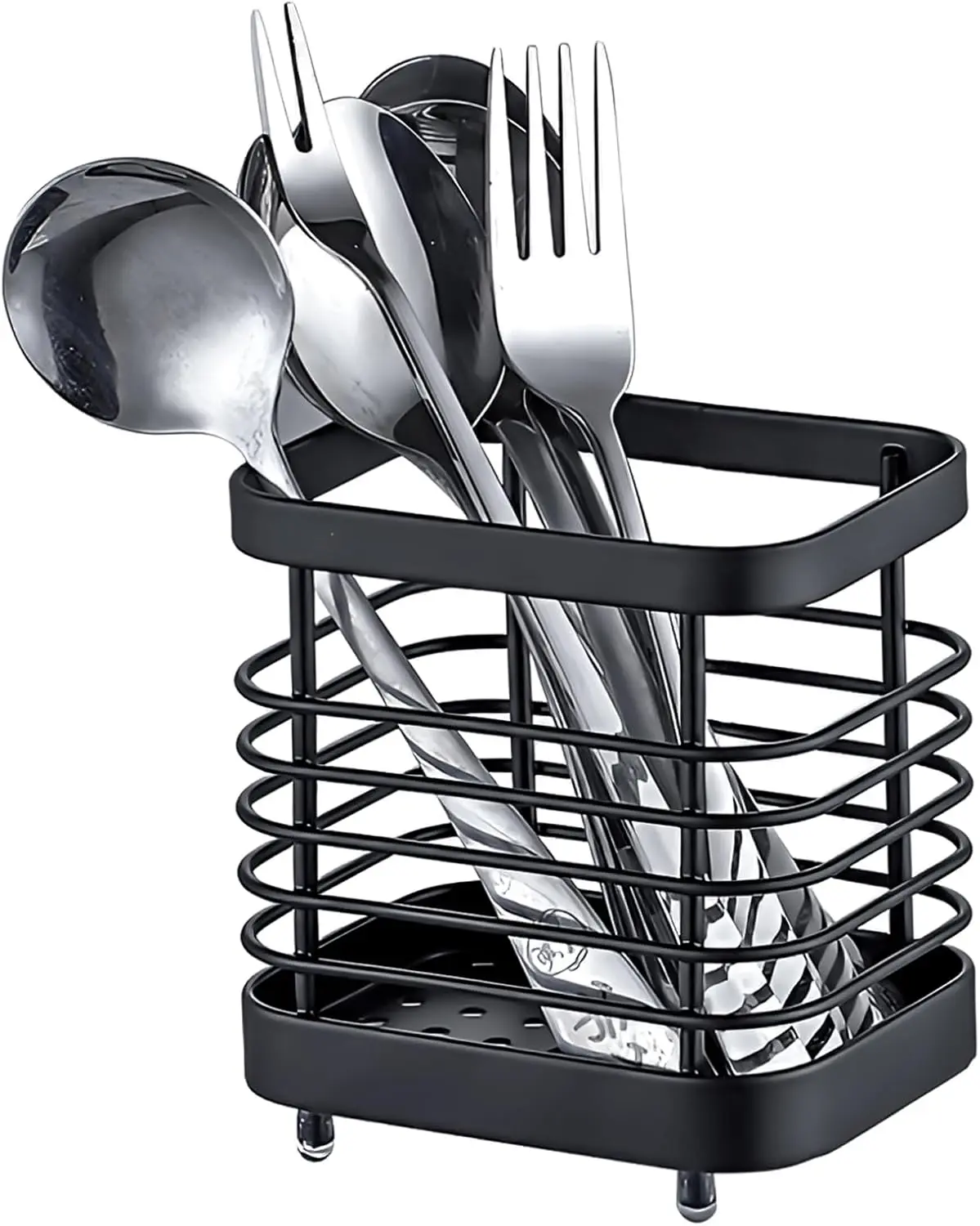 Kitchen Sink Utensil Holder of Drying Rack, Small Stainless Steel Cutlery Drainer Caddy,Spoon and fork organizer (Black)