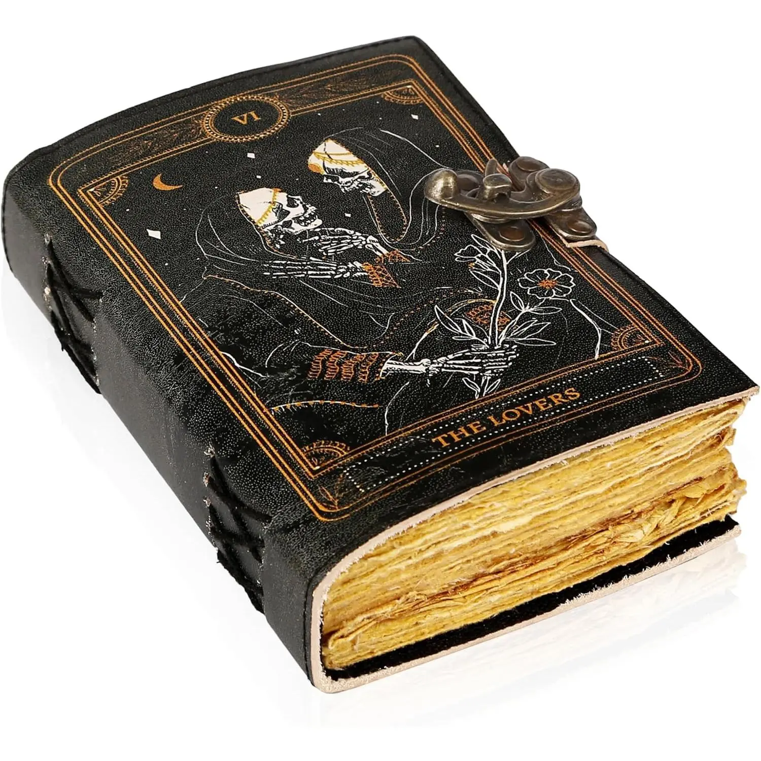 The Lovers Mystical Spell Book, Leather Bound Grimoire Journal, 240-Page Deckle Edge Paper Notebook, 7x5 Inches Antique Third Eye Themed Office Stationery for Men and Women