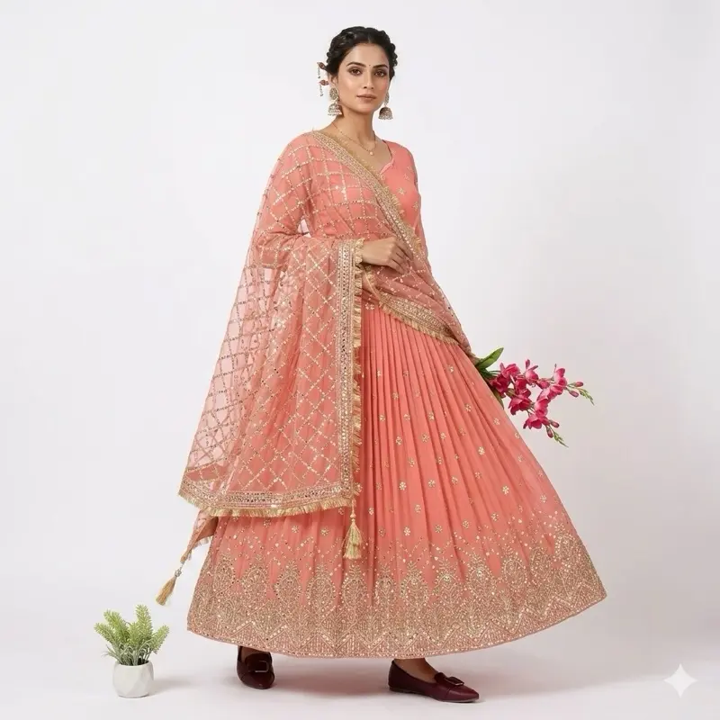 Traditional Indian Kurta Dress for Women, Peach Long Sleeve Maxi with Intricate Embroidery, Original, Costumes
