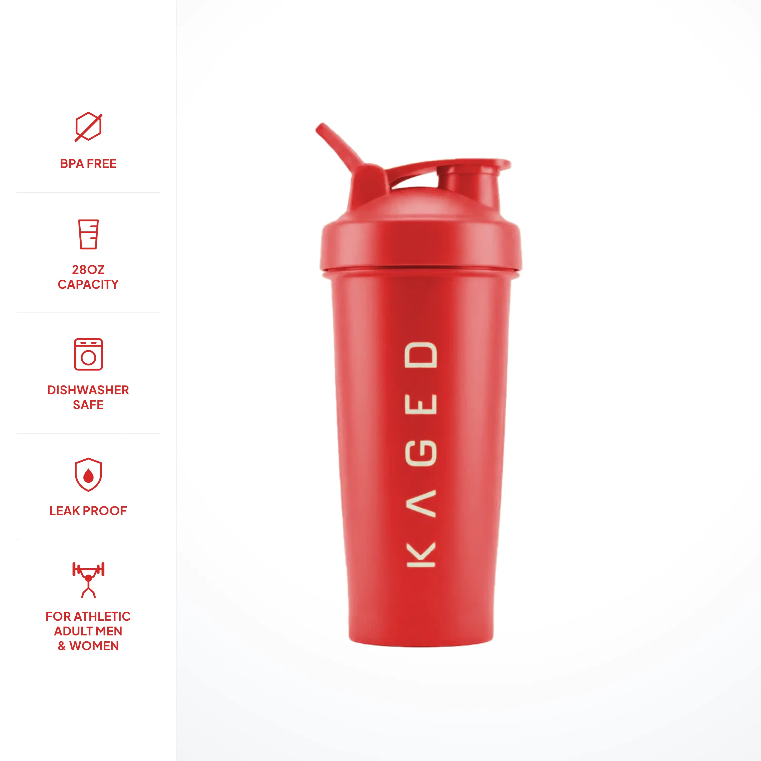 Kaged 28oz Protein Shaker Bottle, Crimson | BPA-Free, Leak-Proof Shaker Cup with Stainless Wire Whisk Ball | Dishwasher Safe Gym Water Bottle for Pre-Workout, Protein & Electrolytes