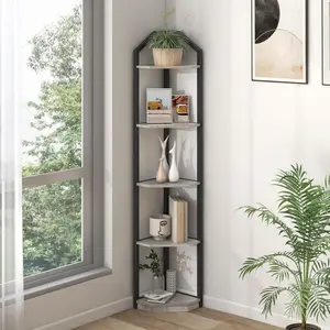 5 Tier 70” Corner Shelf Stand Corner Bookshelf Plant Stand Storage Shelf for Bathroom Living Room Kitchen Home Office Grey