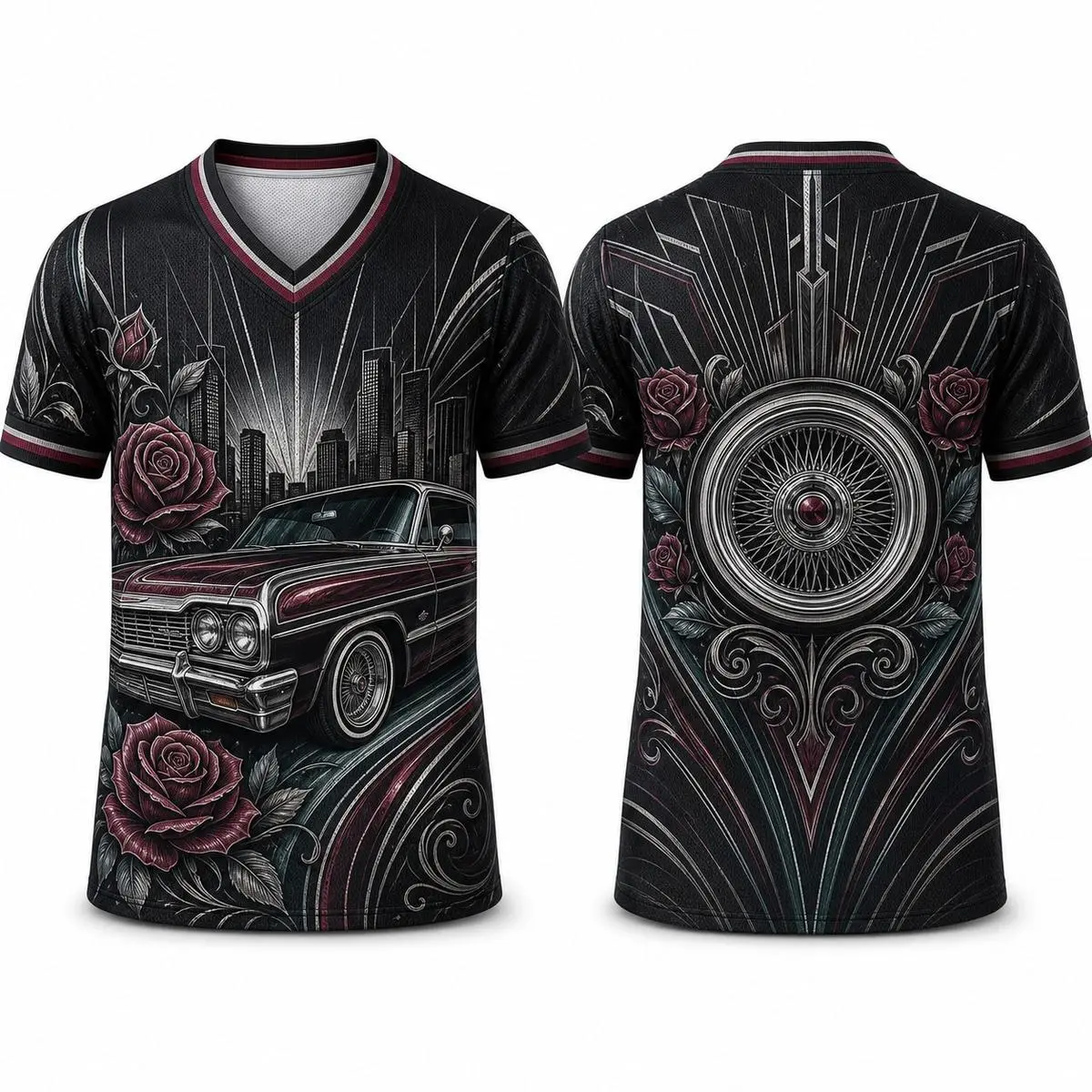 Mexican Independence Day Inspired Chicano Lowrider V Neck Mesh Shirt, All Over Print Short Sleeve Athletic Jersey, Unisex Cultural Streetwear for Men and Women