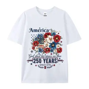 America 250 Years Since 1776 Floral Flag Cotton T-Shirt, Patriotic God Shed His Grace Graphic Tee, Comfort Casual Outfit, Perfect Gift For 4th of July & USA Anniversary Fans, Ideal Oversized Everyday Fashion