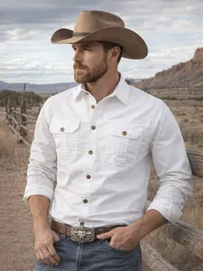 Men's Western Style Long Sleeve Button Down Shirt, Vintage Cowboy Work Shirt, Breathable Cotton Blend, Casual Outdoor Top with Chest Pockets