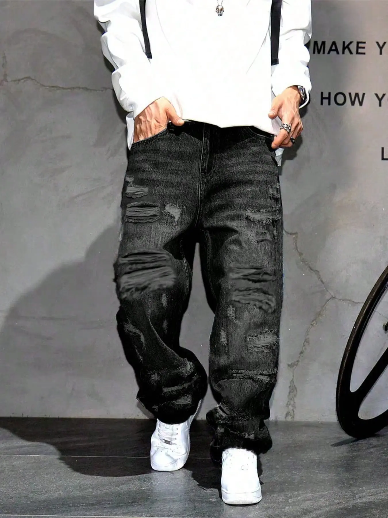 American Retro Cool Casual Streetwear Denim Jeans, Loose Fit Baggy Oversized Straight Leg, Hole Patch Design, High Street Beggar Pants, All Seasons