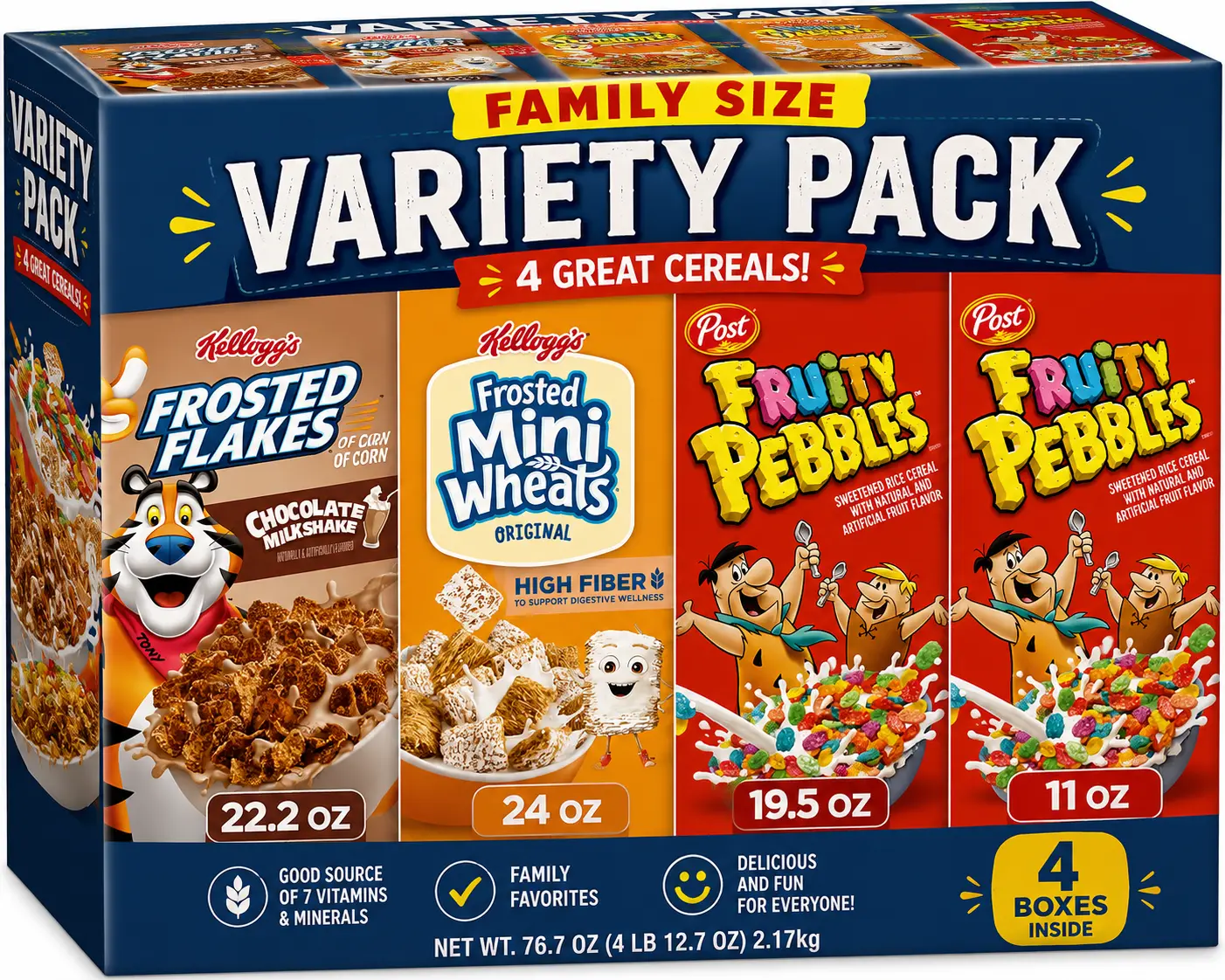 Variety Pack of 4 Breakfast Cereals – Post Fruity PEBBLES 19.5 oz & 11 oz, Kellogg’s Frosted Flakes Chocolate Milkshake 22.2 oz, and Frosted Mini-Wheats Original 24 oz Family Size Boxes