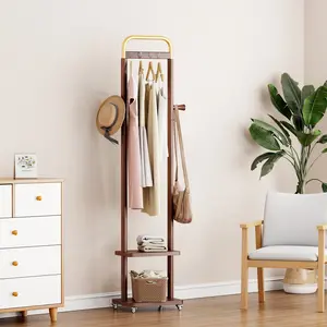 Coat Rack Freestanding with Wheels 2 Shelves & 2 Hooks Heavy Duty Wood Coat Tree Stand for Bedroom Entryway Living Room Hotel Solid Rubberwood Construction