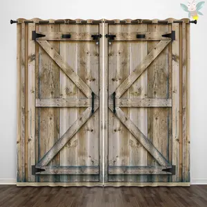 Wooden Door Pattern Printed Curtain, 2 Counts Retro Style Curtain, Shading & Machine Washable Curtain for Home Living Room Bedroom Decor, Curtain Replacement