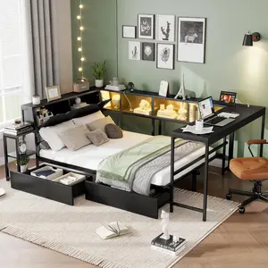 Full Size Corner Bed Frame with Bookcase, Modern Full Daybed with LED Light and Charging Station, L-Shaped Bed Frame with Storage Drawers and Desk, No Box Spring Needed (Black)