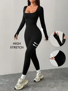 Women's Solid Color Slim Fit Long Sleeve Jumpsuit, Skinny Jumpsuit, Sports Jumpsuit, Yoga Workout Jumpsuits, Workout Jumpsuit, Stretchable Activewear, Stretchy Fabric for Casual or Active Wear, Versatile for Any Occasion