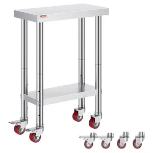 【Summervibes】VEVOR Stainless Steel Work Table 12 x 24 x 34 Inch, 700 LBS Load Capacity with 4 Wheels, 3 Adjustable Height Levels, Heavy Duty Food Prep Worktable for Commercial Kitchen Restaurant, Silver
