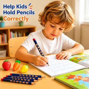 10 Pack Ergonomic Hole Pencils for Kids Writing Posture Correction, Free 3 Cute Fruit Erasers, Back to School Stationery Set Correctly