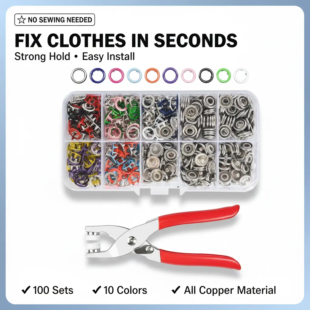 Snap Button Kit with Pliers, 100 Sets 9.5mm Metal Snap Fasteners, All Copper Heavy Duty Snaps, No Sewing Snap Button Tool Kit for Clothes, Jackets, Jeans, Bags, Fabric Repair & DIY Crafts