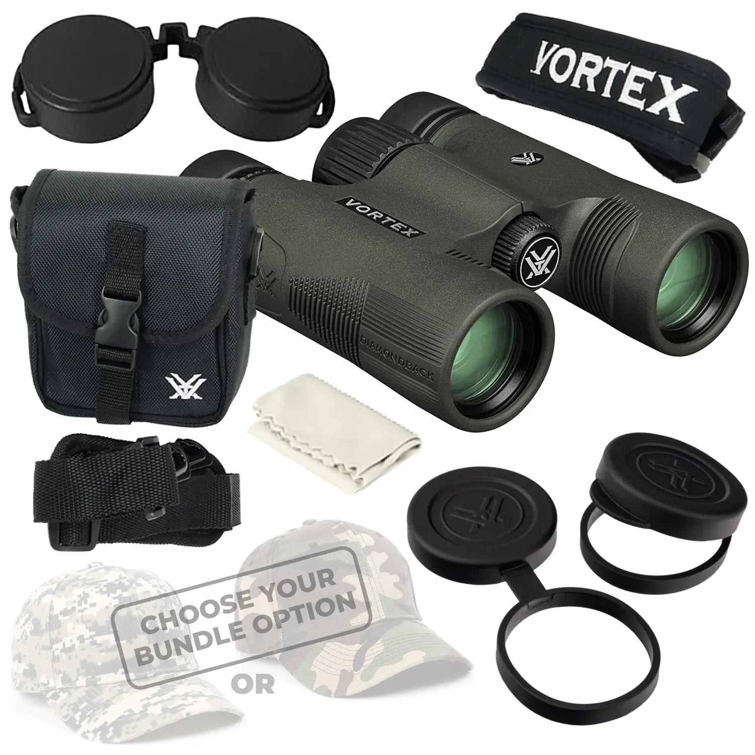 Vortex Diamondback HD 10x28 Compact Roof Prism Binocular with Rubber Armor, Shockproof HD Optics and ArmorTec Lens for Outdoor Sports, Unisex, Adjustable Interpupillar, Scratch-Proof, +Free Hat (Camo Forest), Anti-Slip Surface, Sporty Camo Hats, Adjustabl