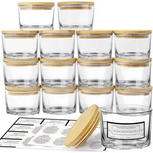 CONNOO 15 Pack 4 OZ Clear Glass Candle Jars with Airtight Bamboo Lids for Making Candles, Bulk Small Wide Mouth Empty Candle Containers with Sticky Warning Labels - Dishwasher Safe