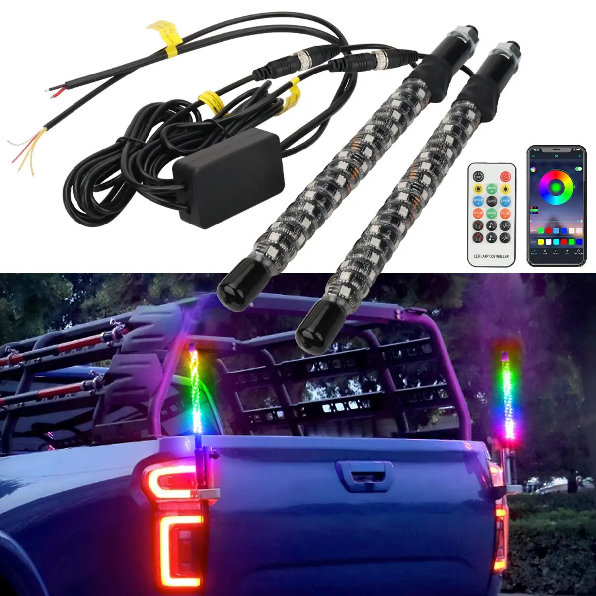 2pcs 30cm LED whip light RGB flagpole light Bluetooth remote control car truck atmosphere light Car Atmosphere Lamp Led Ambient Light decoration Car Decorative Light waterproof flag light