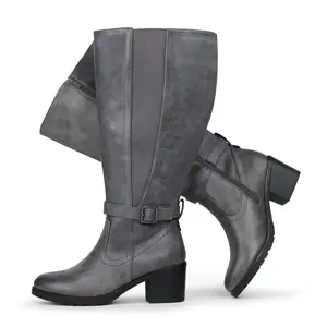 Womens Extra Wide Calf Stretch Panel Side Zipper Knee High Boots with Block Heel