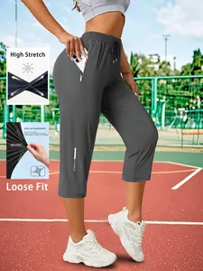 1 piece women’s ice silk breathable high-stretch capri pants with drawstring waist and zippered pockets, comfortable and skin-friendly, suitable for outdoor jogging and gym workouts
