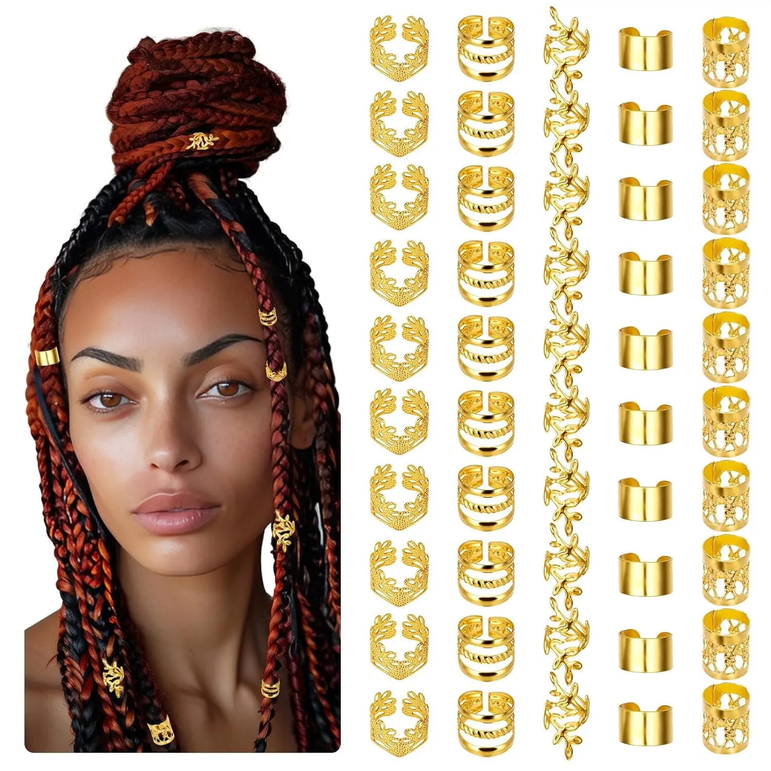 50 count Gold Dreadlock Beads Locs Accessories, Jewelry for Braids, Hair Dreadlock Accessory Braid, Adjustable Cuffs Braiding Hair Rings for Dreadlock Accessory Jewelry Decorations(Gold)