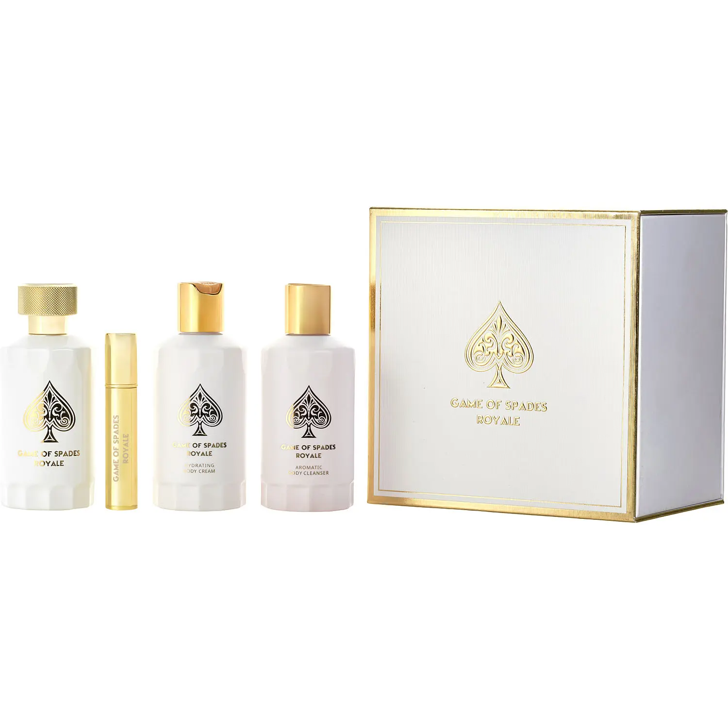 Jo Milano Game Of Spades Royale Set- Parfum Spray 3.4 Oz & Body Cleanser 6.8 Oz & Body Cream 6.8 Oz & Refillable Atomizer For Unisex