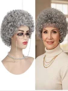 Old Lady Wig Grandma Costume Wig Set For 100 Days of School Sliver Grey Curly Granny Wig  Women’s Wig Old Women's Cosplay Party Christmas Use Mother's Day