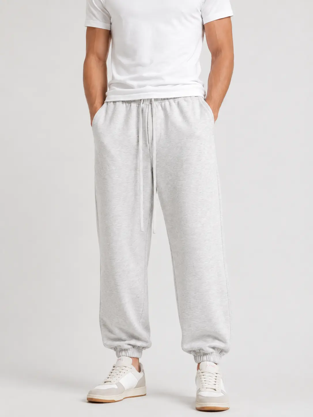 Men's Light Gray Cuffed Cotton Sweatpants - Menswear, Plain, All Seasons, Athletic Fit, Straight Loose, Lightweight, Drawstring Bottoms for Gym Workout, Cuffed Sweatpants, Athleisure Gym Clothes, Casual Lounge Sweatpants