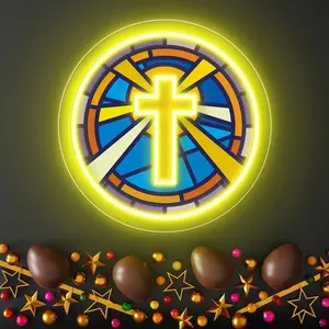 Church Cross LED Neon Lights, Christmas Decorations, Colored Christian Stained Glass Printing Design, Stained Glass Patterns, Religious Decorations, 12.59*12.59inches-Valentine's Day Decor.