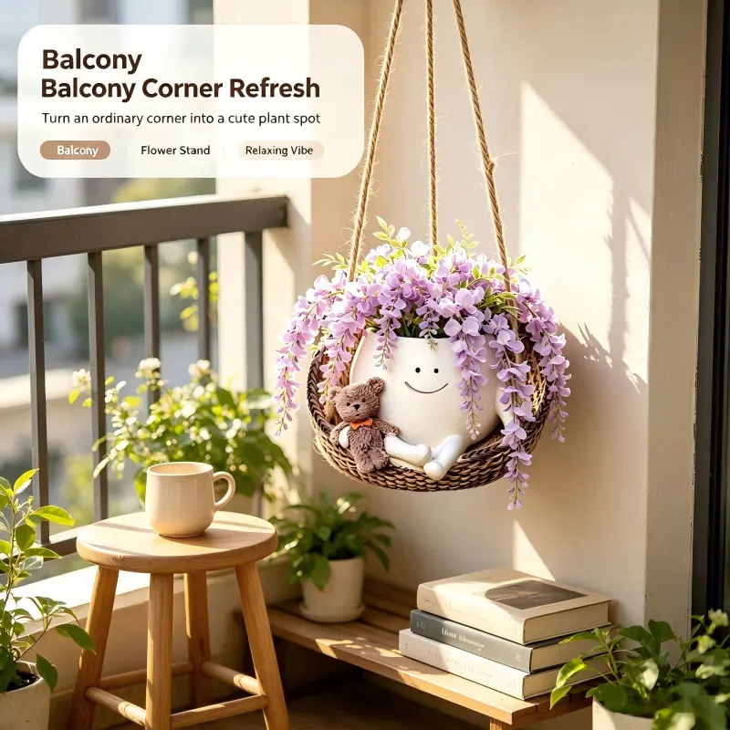 Whimsical Resin Hanging Smiley Bear Planter with Rattan Chair - Hanging Succulent Cartoon Decorative Flower Pot with Drainage Hole, Indoor-Outdoor Patio Decor, Summer Gift for Plant Moms, Hanging Flower Pots