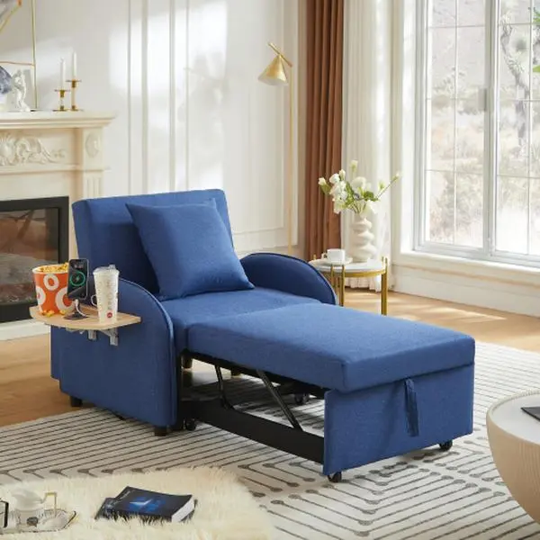Modern 3-in-1 Convertible Sleeper Sofa Chair Bed - Linen Fabric Pull Out Couch with Adjustable Backrest, Foldable Side Table, USB & Type-C Ports, Space Saver Compact Fit for Small Living Room Apartment, Dark Blue