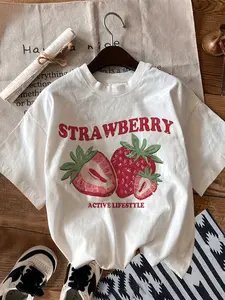 Women's White Strawberry Cartoon Print T-Shirt - Soft Stretch Round Neck Short Sleeve Top with "STRAWBERRY Lifestyle" Graphic, Casual & Sporty Tee for Casual Attire, Machine Washable