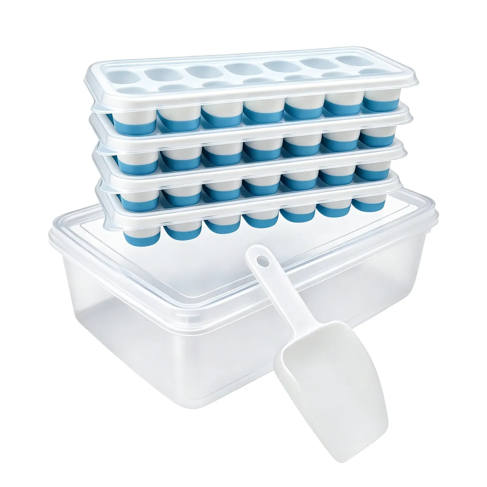 DGAPHRO Silicone Ice Cube Tray Set with Lid, Bin & Scoop - 4 Pack 56-Grid Stackable Ice Maker Kit, Renter-Friendly Space-Saving Storage Container for Aesthetic Iced Coffee, Cocktails & Food (Blue)