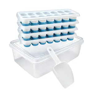 DGAPHRO Silicone Ice Cube Tray Set with Lid, Bin & Scoop - 4 Pack 56-Grid Stackable Ice Maker Kit, Renter-Friendly Space-Saving Storage Container for Aesthetic Iced Coffee, Cocktails & Food (Blue)