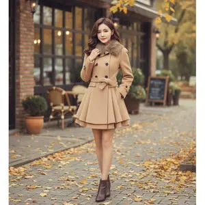 Women's Slim Fit Long Woolen Double-Breasted Trench Coat - Classic Winter Warm Overcoat with Belted Waist Perfect for Office Work Formal Occasions Cold Weather Protection Elegant Fashion Outerwear
