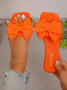 Luxury Bow Square Toe Slides for Women, Bow Decor Sandals, Summer Soft Sole Non-slip Flats, Skin-Flattering Fairy Style Beach Shoes, Fashionable Sandals