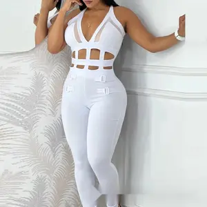 Sizzling White Bodycon Jumpsuit | Halter Neck with Laced Waist Cut-Out